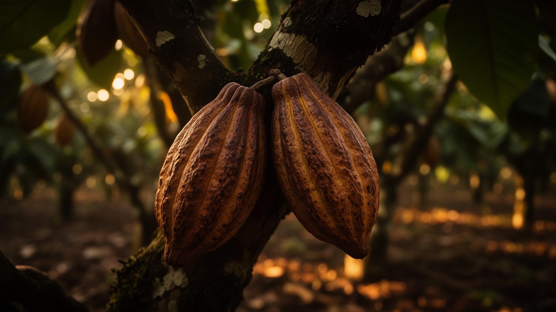 Cocoa pods ripening on a Nigerian farm at golden hour